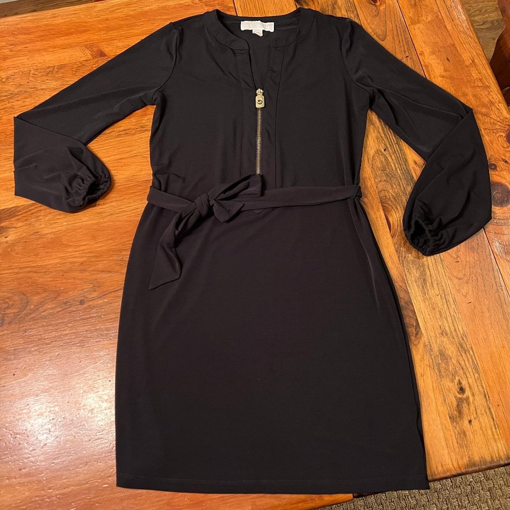 Michael Kors Black Belted Dress with Gold Zip and Balloon Sleeve Sz XS Like NEW